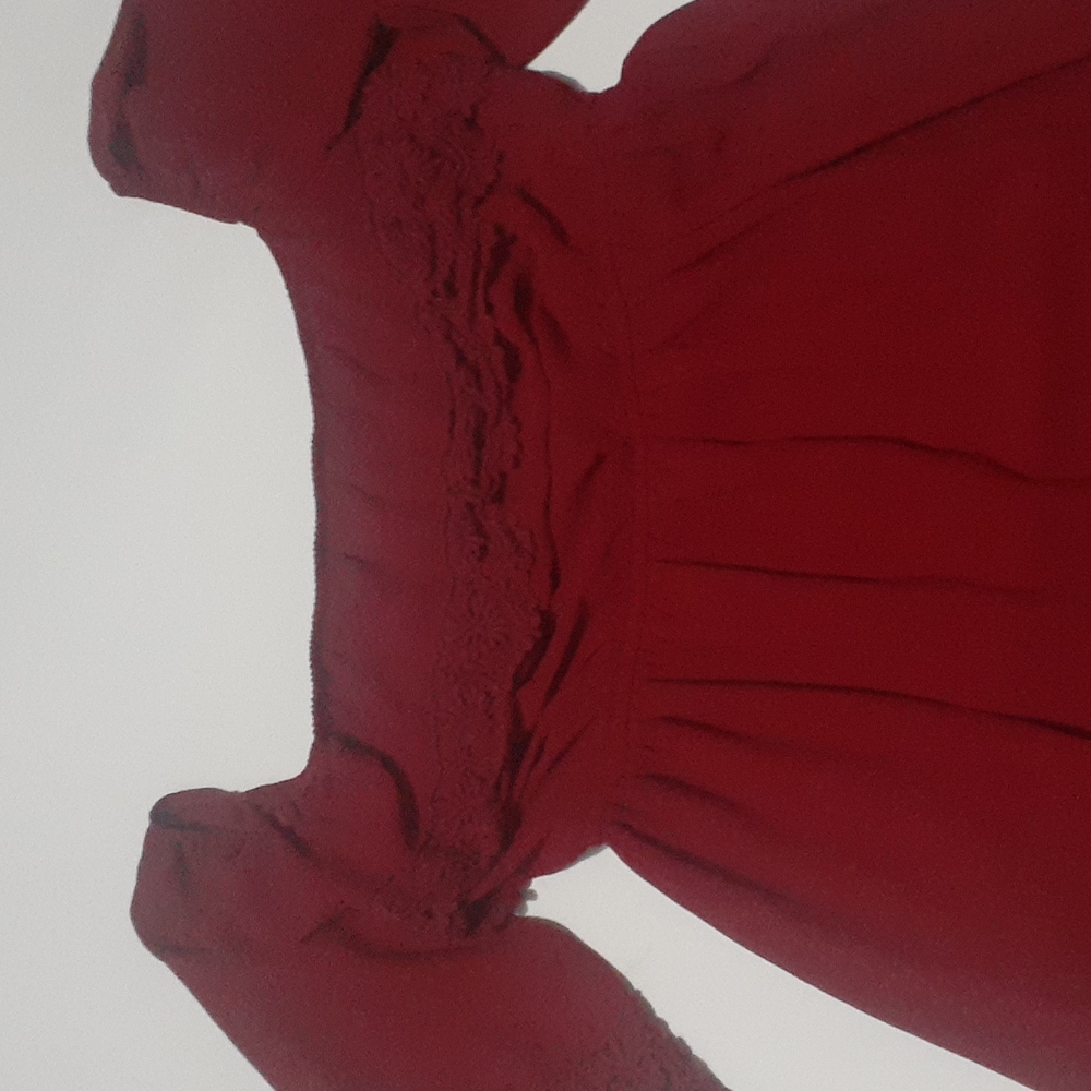 Umgee Red Baby Doll Dress Empire Waist Off the Shoulder Lace Maroon Peasant L - Picture 5 of 13